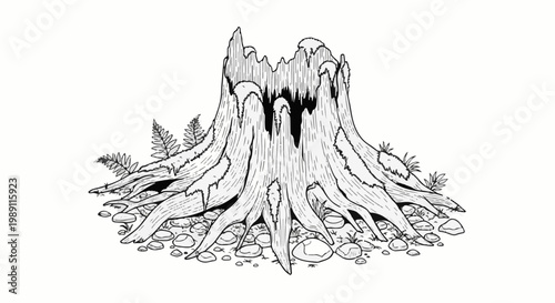 Detailed black and white illustration of a large, weathered tree stump with exposed roots