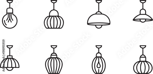 Set of Modern Minimalist Interior Hanging Lamp and Pendant Light Outline Icons