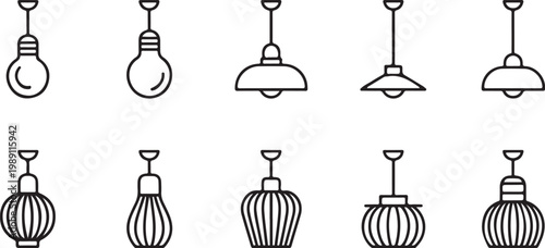 Set of Modern Minimalist Interior Hanging Lamp and Pendant Light Outline Icons vector design on transparent background.