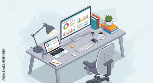 Modern vector illustration of a machine gun integrated with a flat business technology concept featuring a computer monitor and network icons