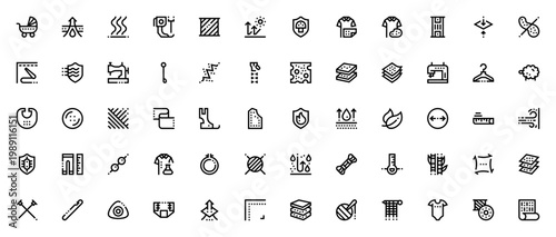 Sewing and baby care icon set. Vector fabric, clothing and childcare symbols. Includes stroller, sewing machine, diaper, yarn, knit, button, zipper, bacteria, UV and more.