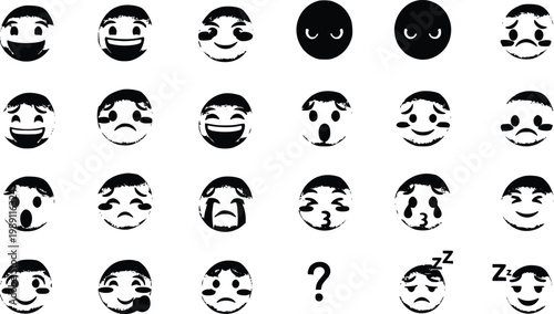 3D glossy emoji icon set with expressive facial emotions and yellow avatar characters for interface design