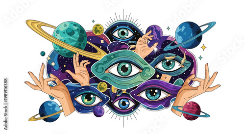 Eyes with colorful celestial bodies around.
