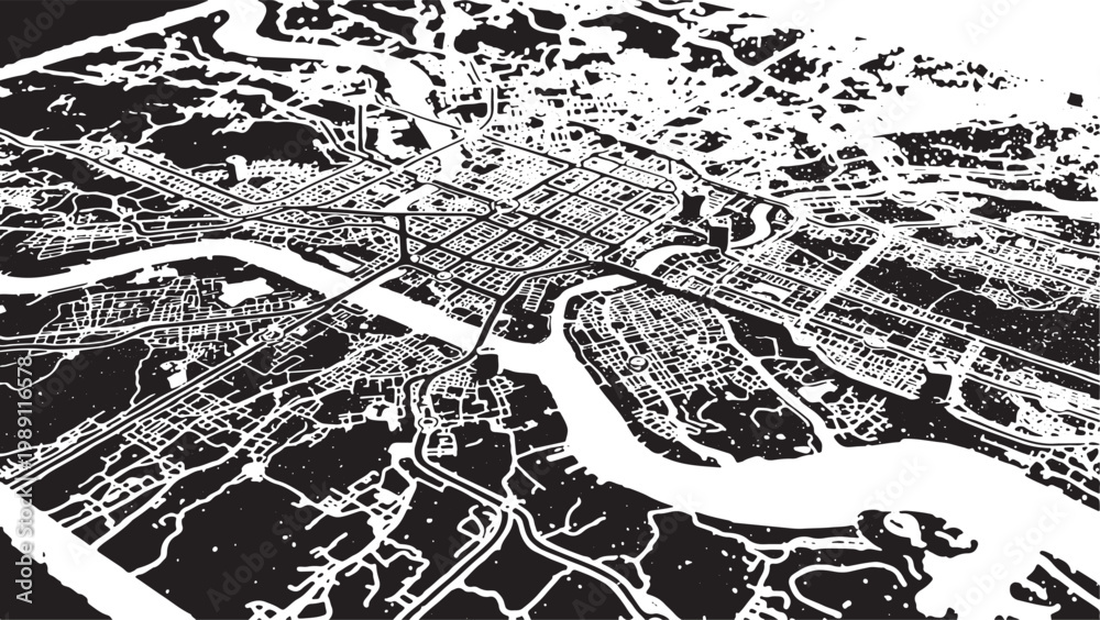 Obraz premium Abstract Black and White City Map Silhouette, Urban District Grid Vector Illustration, and Isometric Metropolitan Layout Graphic