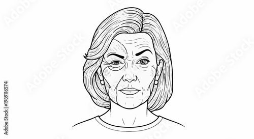 Detailed line art portrait of an older woman's face with visible wrinkles