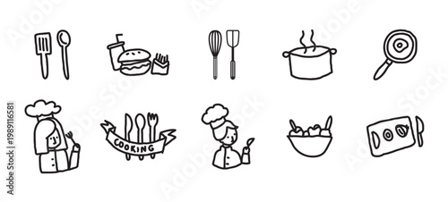 Collection of thirty hand drawn doodle style icons representing various food preparation tasks kitchen tools and cooking elements. Hand drawn outline vector image with cooking me, vector illustration.