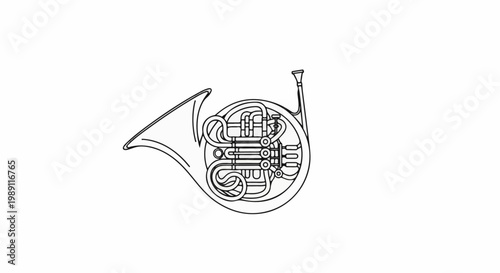 Detailed line drawing of a brass French horn with its distinctive coiled tubing