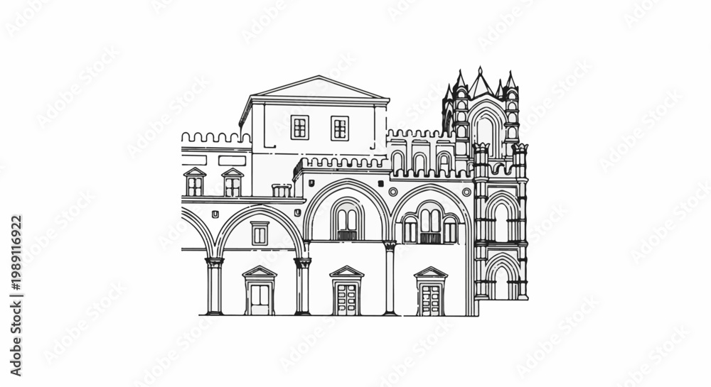 Obraz premium Detailed line drawing of a complex historical building with arches and towers