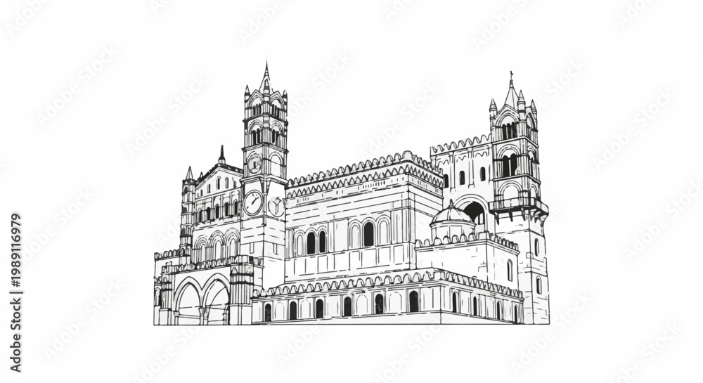 Obraz premium Detailed line drawing of a grand cathedral with towers and arches