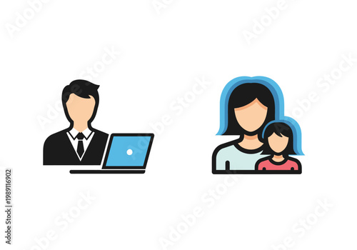 Work-Life Balance Icons Set: Professional Businessman with Laptop and Mother with Daughter Representing Family and Career Harmony