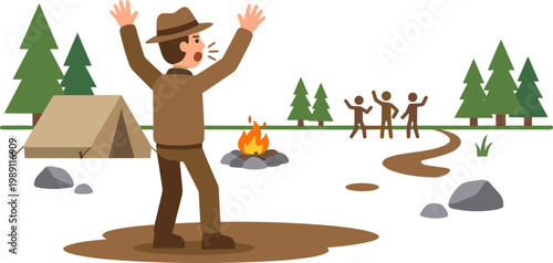 Man dancing near campsite with friends in forest at night