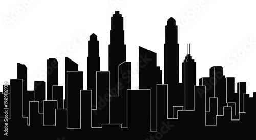 Black silhouette outline of the New York City skyline featuring iconic urban skyscrapers and downtown office towers in a classic United States metropolis architecture illustration