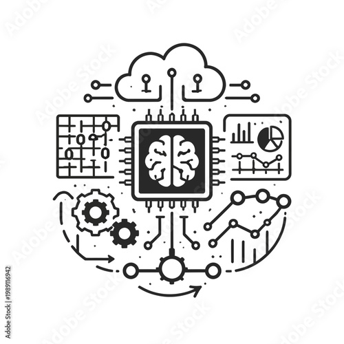 Innovative Artificial Intelligence and Machine Learning Concepts Represented by a Brain Chip, Cloud, Circuits, Graphs, and Gears