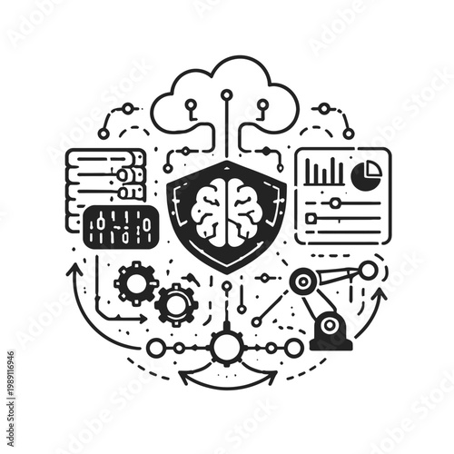 AI and Cloud Computing Concept Illustration Showing Brain in Shield, Gears, Data Analysis and Robotic Arm