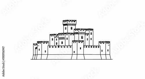 Detailed line drawing of a grand castle with multiple towers and battlements