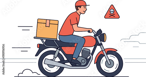 A delivery person rides a motorcycle quickly on the road with a package.