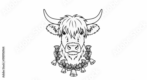 Detailed line drawing of a fluffy Highland cow head with thistle