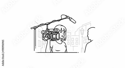 Female camera operator films in front of city buildings with boom mic