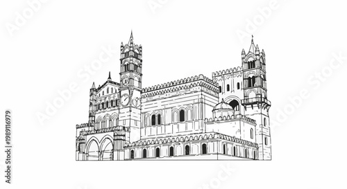 Detailed line drawing of a grand cathedral with towers and arches