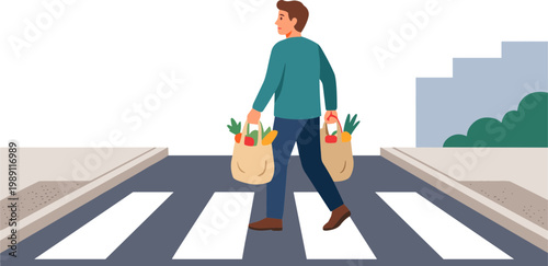 Man crossing street with grocery bags in city environment