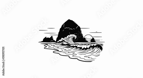 Dramatic waves crash against a large, dark rock with a setting sun