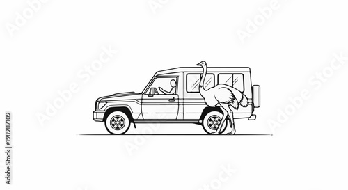 Drawing of an ostrich interacting with a vehicle and its driver
