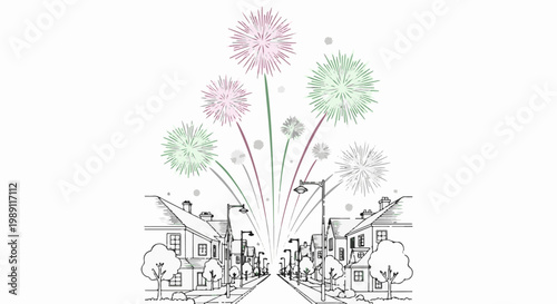 Festive fireworks explode over a charming street lined with houses and trees