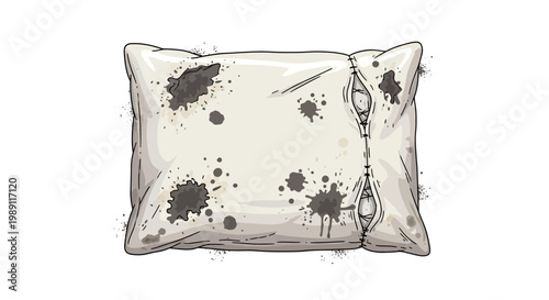 Dirty, stained pillow with open zipper on white background