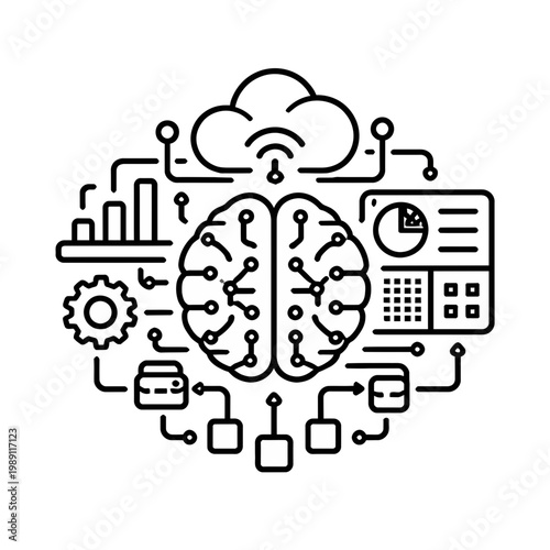 AI and Machine Learning Brain Circuitry Concept with Data Visualization and Cloud Computing Icons
