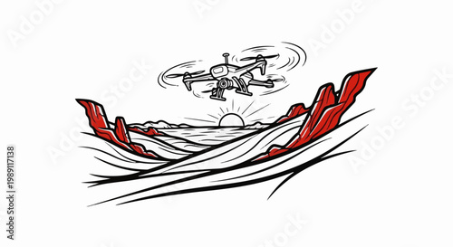 Drone captures sunrise over rugged, water-filled landscape