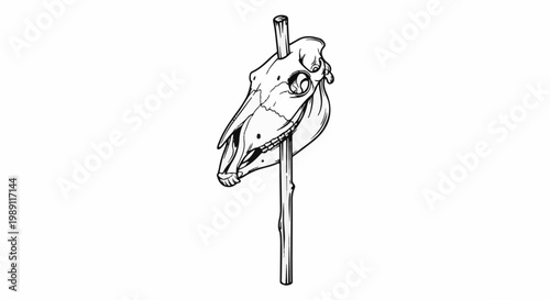 Detailed line drawing of a horse skull impaled on a wooden stake