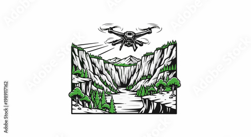 Drone flies above a river canyon surrounded by cliffs and trees