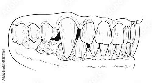 Detailed line drawing of a jaw with teeth and gum recession