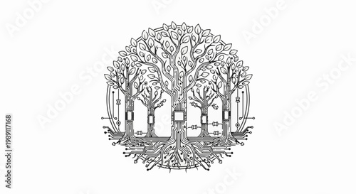 Digital nature trees and roots integrated with circuitry and microchips