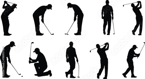 Golf player silhouette set, various swing and putting poses collection, professional golfer action isolated on white background, sports illustration design