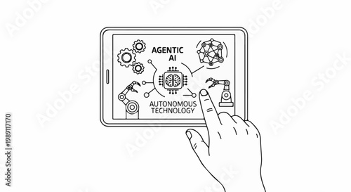 Digital tablet displays AI concept with robotic arms, gears, and network