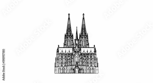Detailed line drawing of a large, ornate Gothic cathedral with twin spires