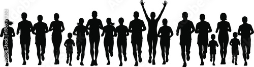 Group of running people silhouette, diverse men women and children jogging marathon runners, fitness activity isolated on white background