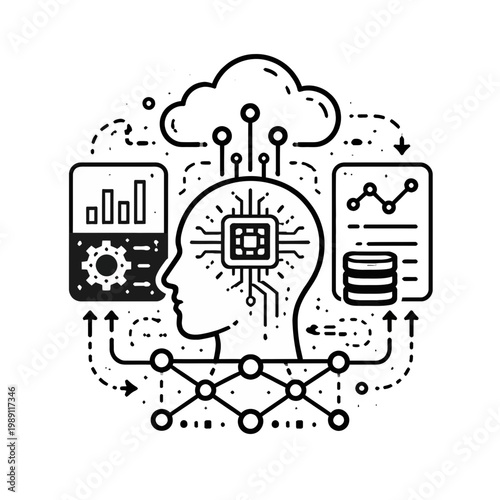 Artificial Intelligence and Machine Learning concepts visualized with neural networks, data, and cloud computing elements