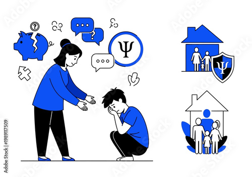 Family Psychology and Mental Health Support Concept Illustration with Mother and Sad Child