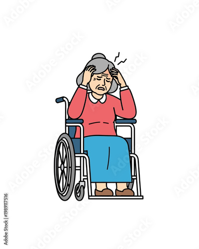 Elderly woman in wheelchair suffering from headache or distress, holding her head in pain and discomfort.