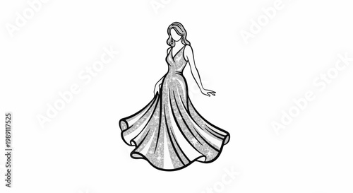 Elegant woman in flowing gown with patterned fabric and dynamic pose