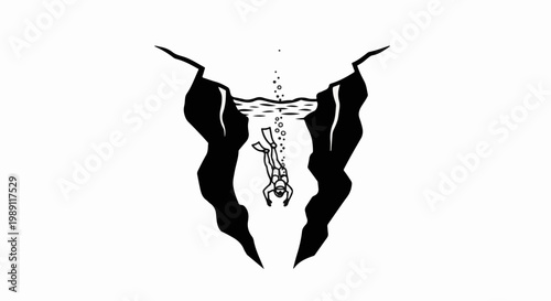 Diver descends into a dark, rocky underwater chasm, trailing bubbles