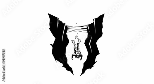 Diver descends into a dark, narrow sea cave with bubbles