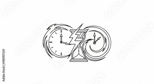 Dual clocks and hourglass with lightning bolt symbolizing time distortion and flux
