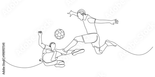 A continuous line illustration of a soccer player fighting for the ball with his opponent