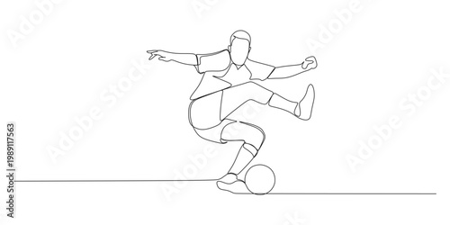 A continuous line illustration of a soccer player outwitting his opponent