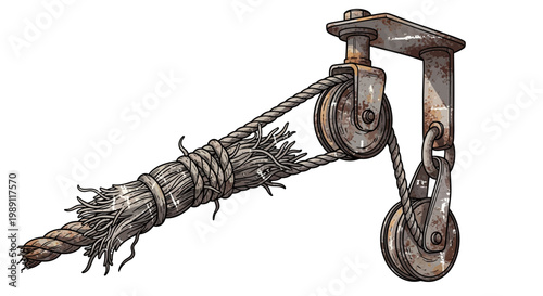 Rope pulley system with frayed rope end
