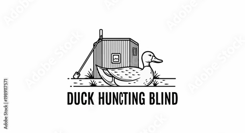Duck rests by a wooden blind with a shovel nearby