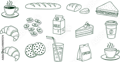 Hand-Drawn Illustration of Coffee, Pastries, and Desserts, Vector Artwork for Bakery, Cafe, and Beverage Designs